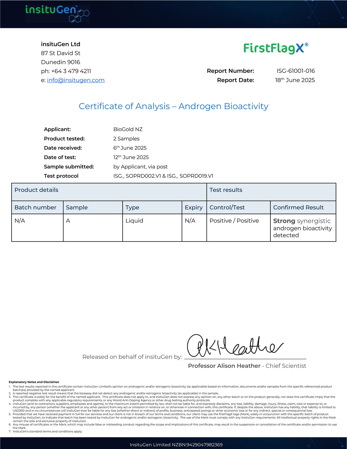 BioGold certificate of analysis laboratory result