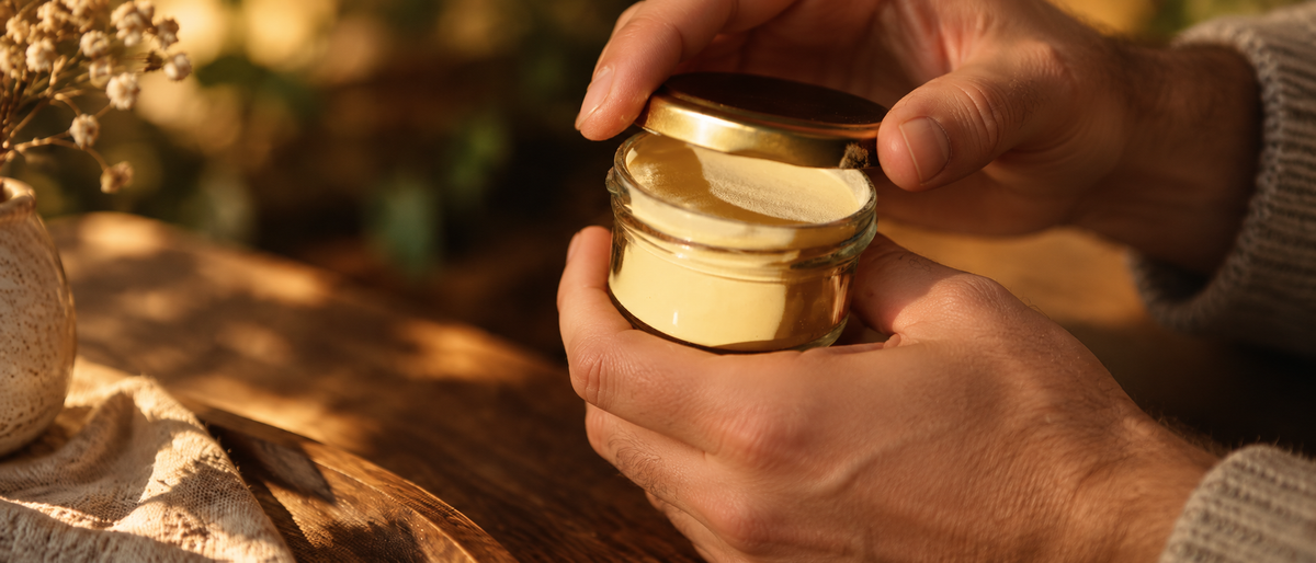 Hand holding a jar of New Zealand pine pollen