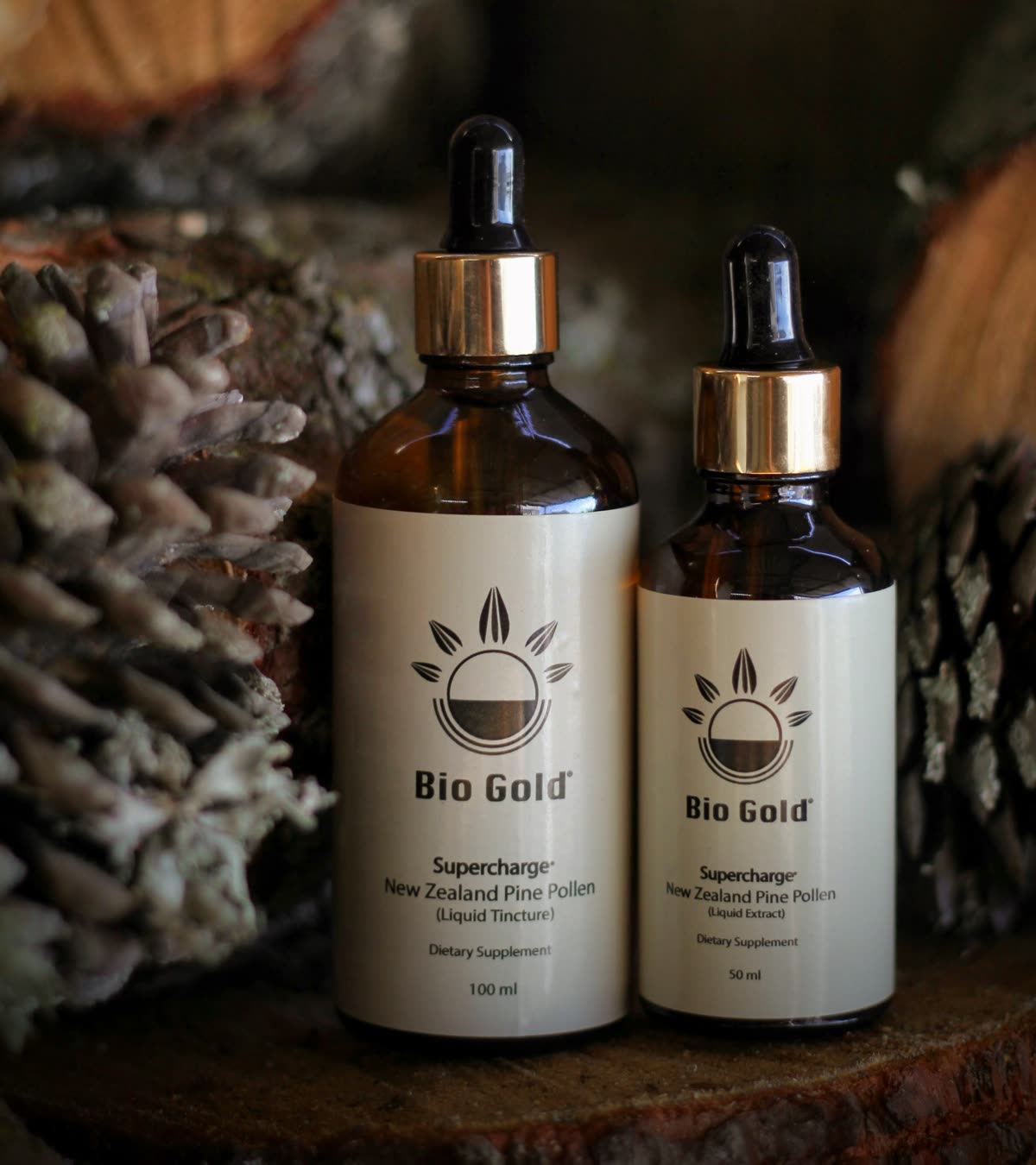 Bio Gold Supercharge bottles among New Zealand pine cones