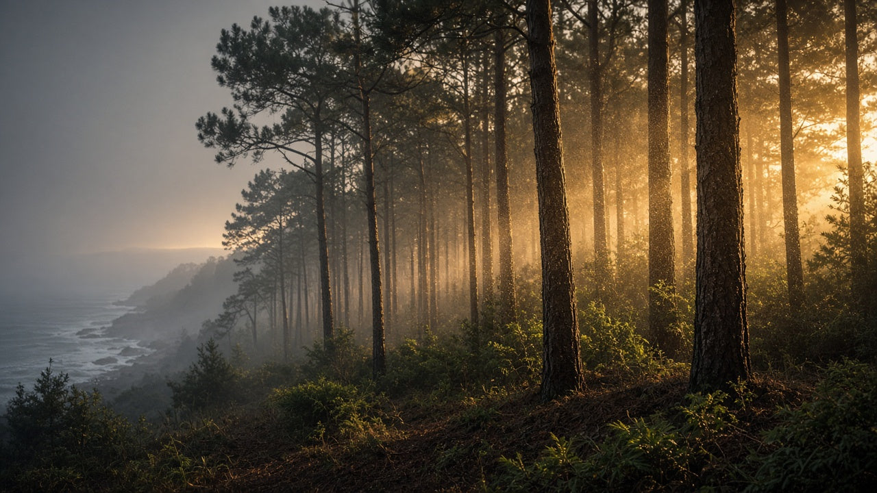 New Zealand pine forest at golden hour