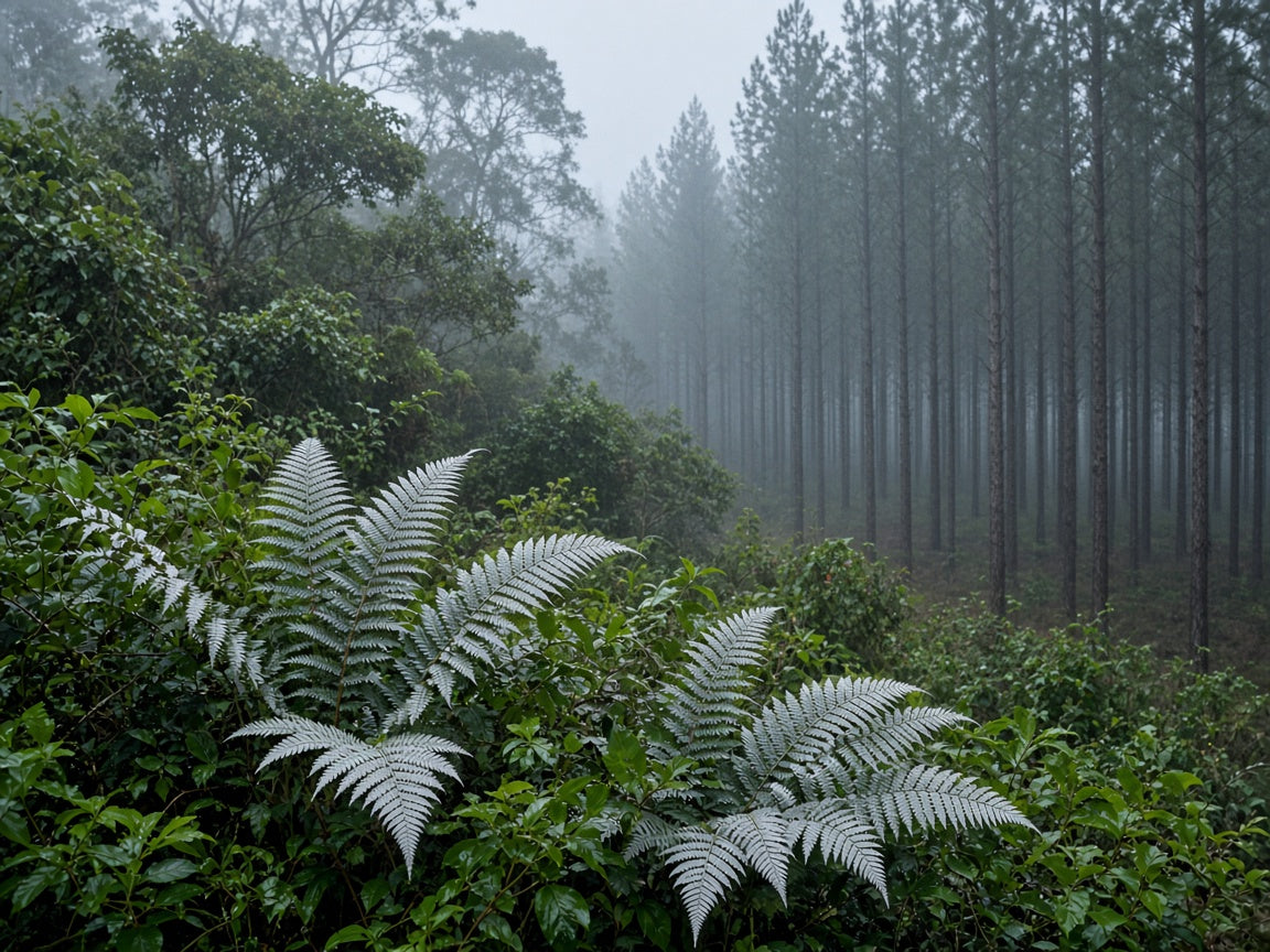 Native ferns at the edge of a New Zealand pine forest