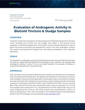 First page of Alison Heather’s original insituGen report, Evaluation of Androgenic Activity in BioGold Tincture and Sludge Samples